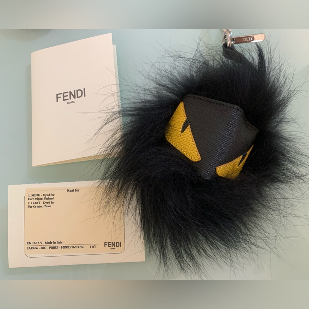 Fendi Monster Bag Bugs Black Fur Charm with Gold Accent